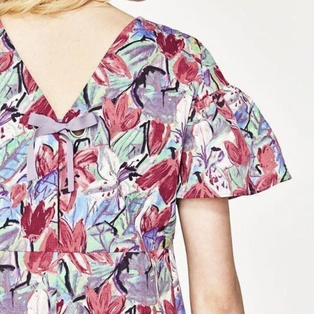 NWT Zara Multicolor Floral Mini Dress Size L Ruffled Short Sleeves Bow V Back - Picture 5 of 10